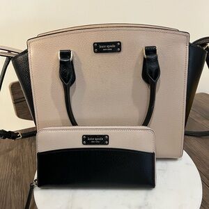 Kate Spade New York Jeanne Leather Vanilla Latte & Black Satchel with Wallet